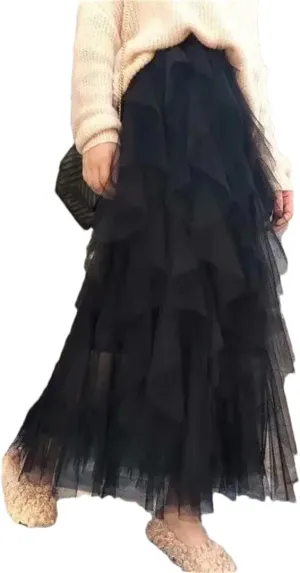 Women's Pleated Tulle Skirt Stretch High Waist A-Line Casual Mesh Solid Midi Skirts