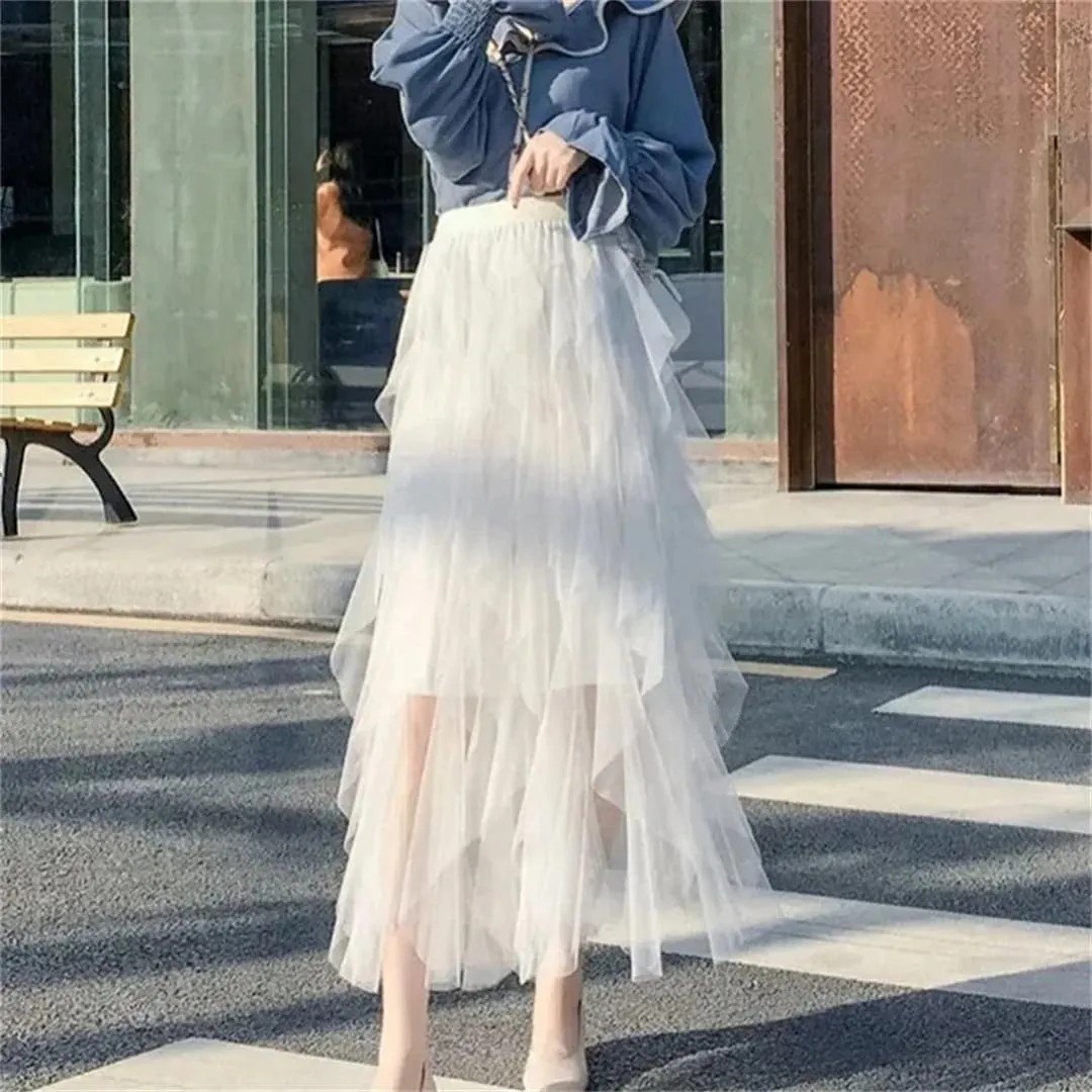 Women's Pleated Tulle Skirt Stretch High Waist A-Line Casual Mesh Solid Midi Skirts