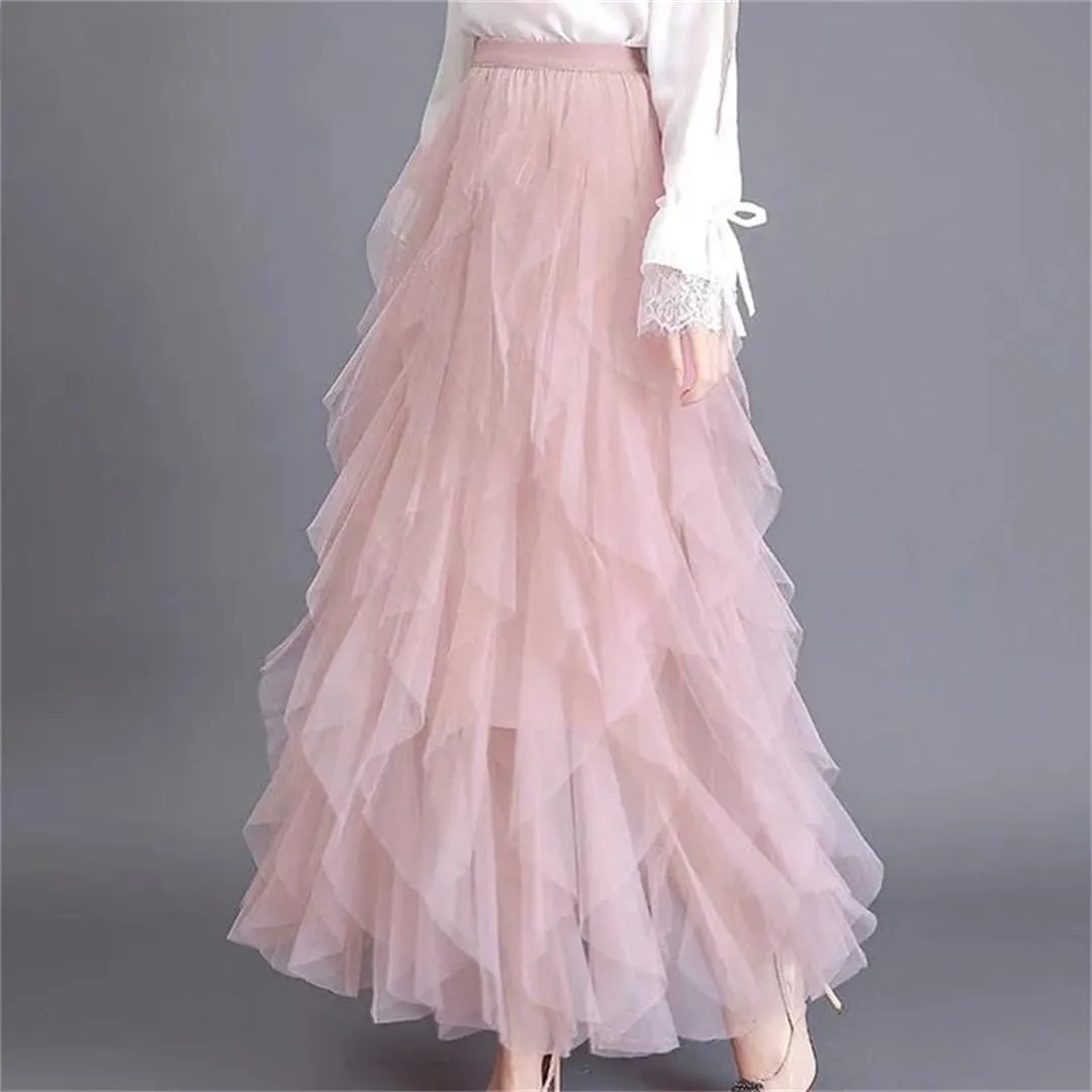 Women's Pleated Tulle Skirt Stretch High Waist A-Line Casual Mesh Solid Midi Skirts