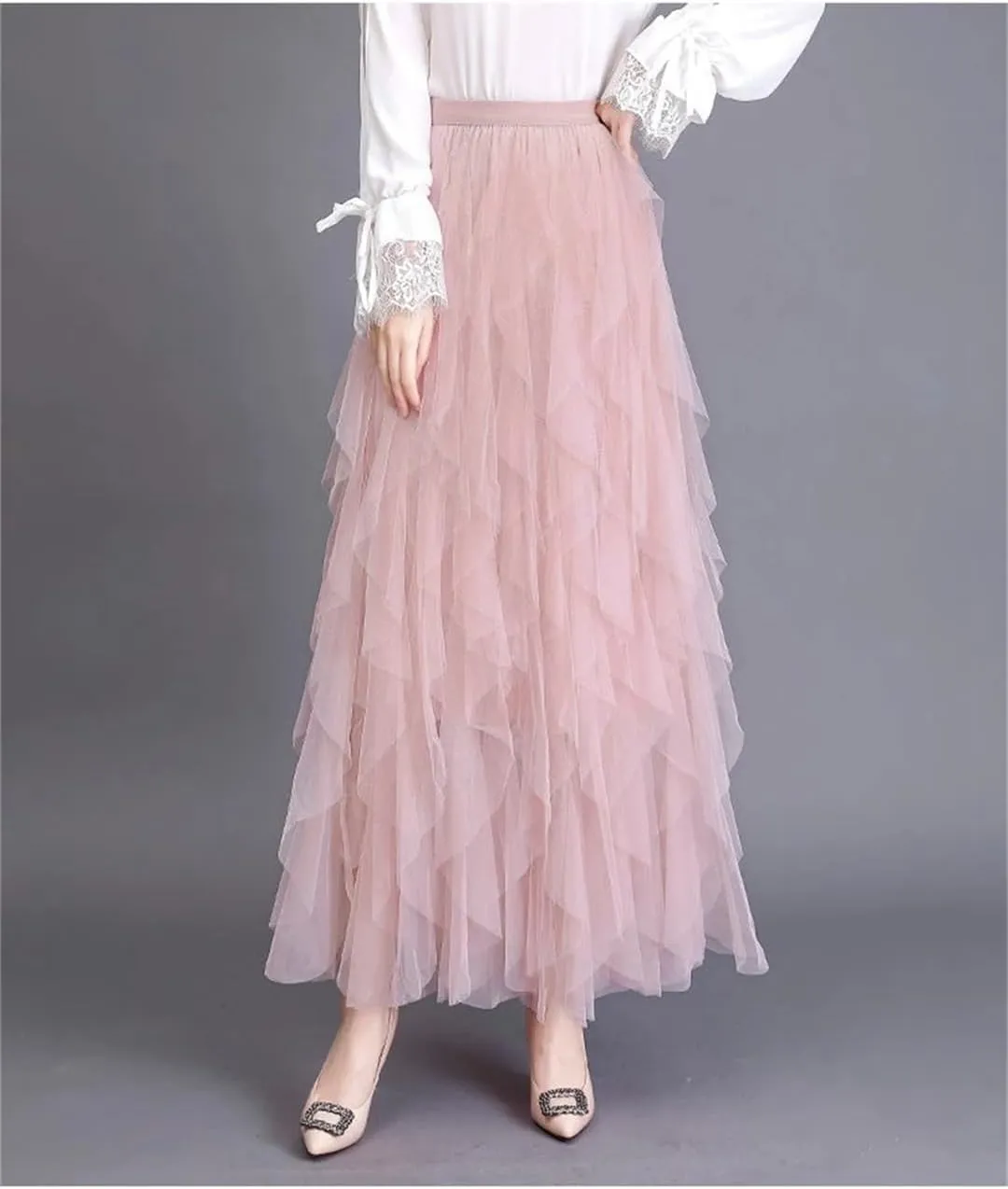 Women's Pleated Tulle Skirt Stretch High Waist A-Line Casual Mesh Solid Midi Skirts