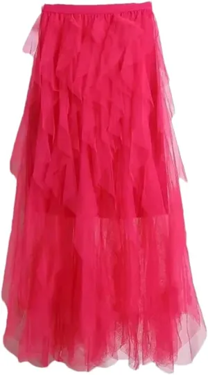 Women's Pleated Tulle Skirt Stretch High Waist A-Line Casual Mesh Solid Midi Skirts