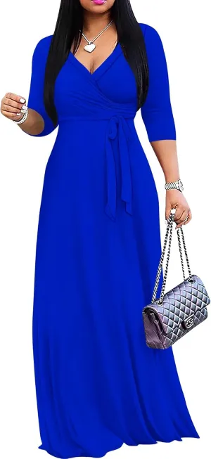 Women's Plus Size Maxi Dress Sexy V Neck 3/4 Sleeves Solid Color A Line Long Dresses Printed Swing Sundress with Belt