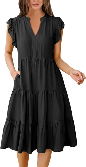 Womens Ruffle Sleeve Midi Dresses Summer Casual Fit V Neck Dress Flowy Tiered Beach Vacation Sundress