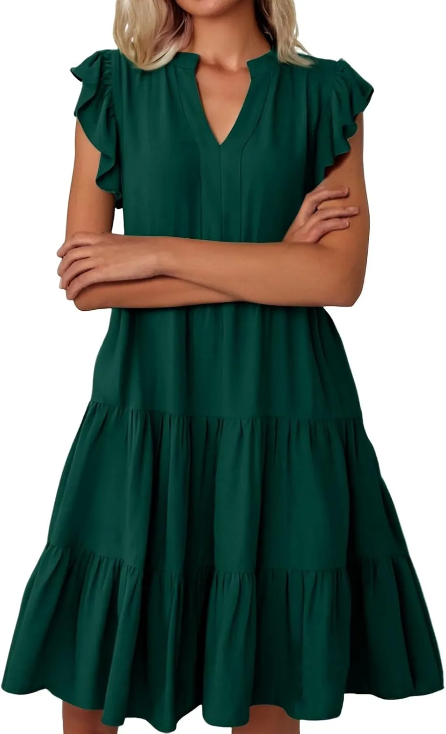 Womens Ruffle Sleeve Midi Dresses Summer Casual Fit V Neck Dress Flowy Tiered Beach Vacation Sundress