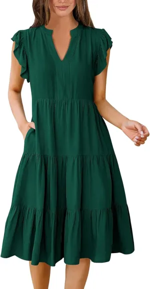 Womens Ruffle Sleeve Midi Dresses Summer Casual Fit V Neck Dress Flowy Tiered Beach Vacation Sundress