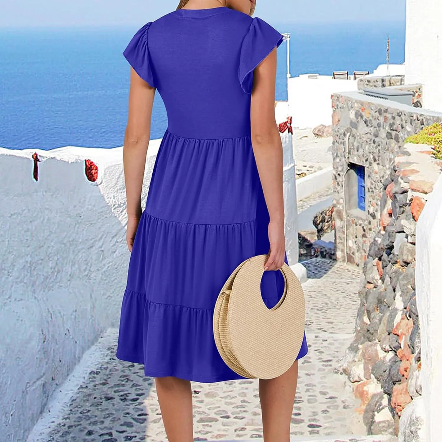 Womens Ruffle Sleeve Midi Dresses Summer Casual Fit V Neck Dress Flowy Tiered Beach Vacation Sundress
