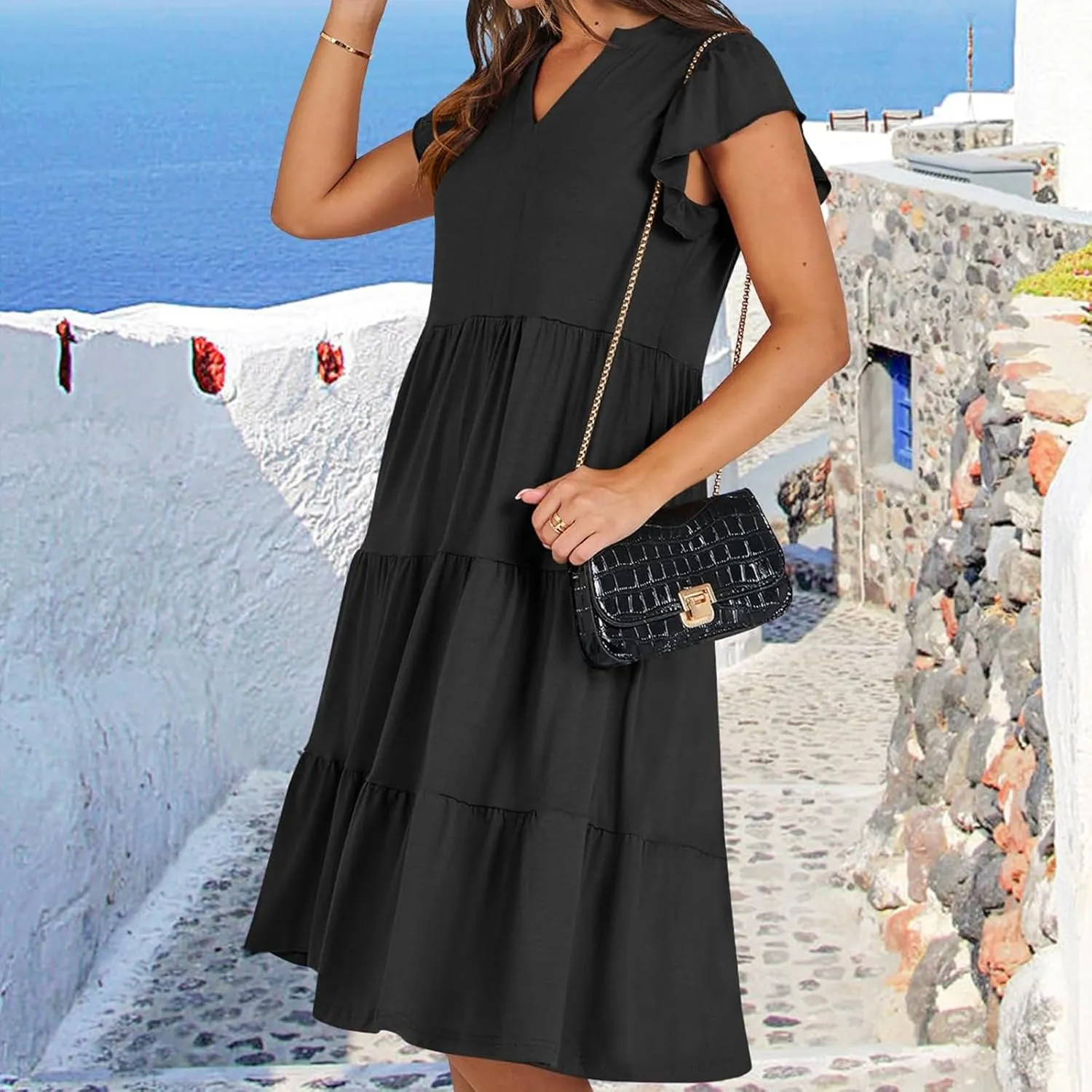 Womens Ruffle Sleeve Midi Dresses Summer Casual Fit V Neck Dress Flowy Tiered Beach Vacation Sundress