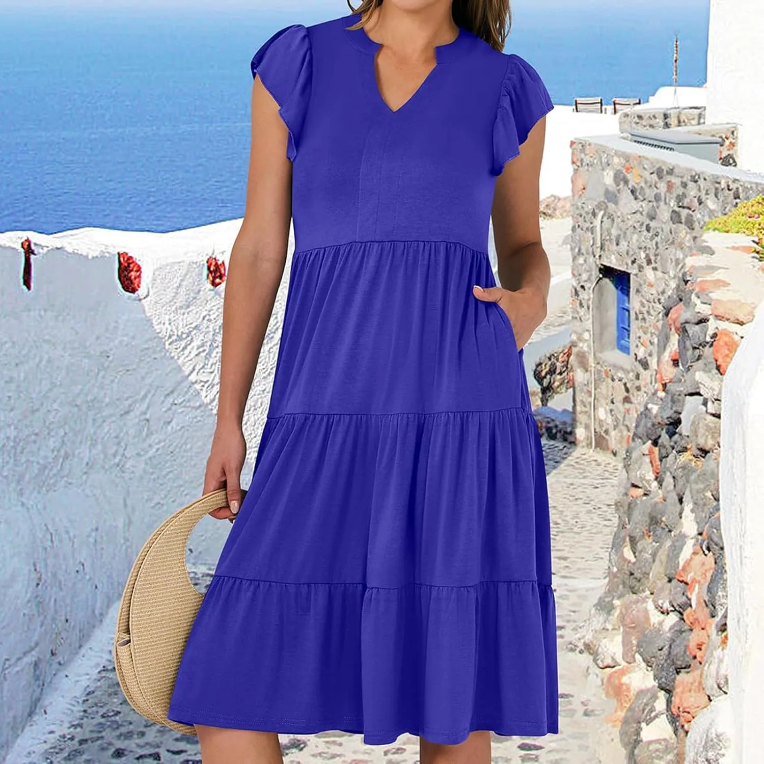 Womens Ruffle Sleeve Midi Dresses Summer Casual Fit V Neck Dress Flowy Tiered Beach Vacation Sundress