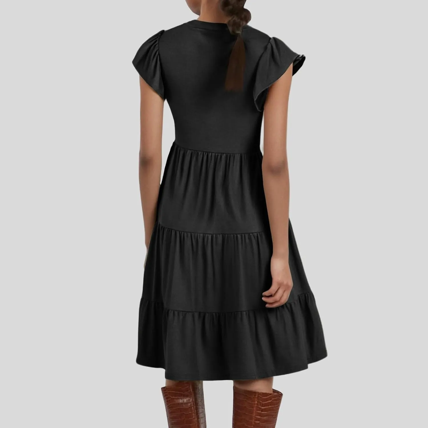 Womens Ruffle Sleeve Midi Dresses Summer Casual Fit V Neck Dress Flowy Tiered Beach Vacation Sundress
