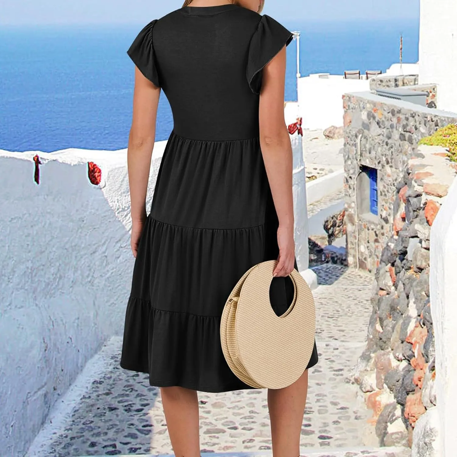 Womens Ruffle Sleeve Midi Dresses Summer Casual Fit V Neck Dress Flowy Tiered Beach Vacation Sundress