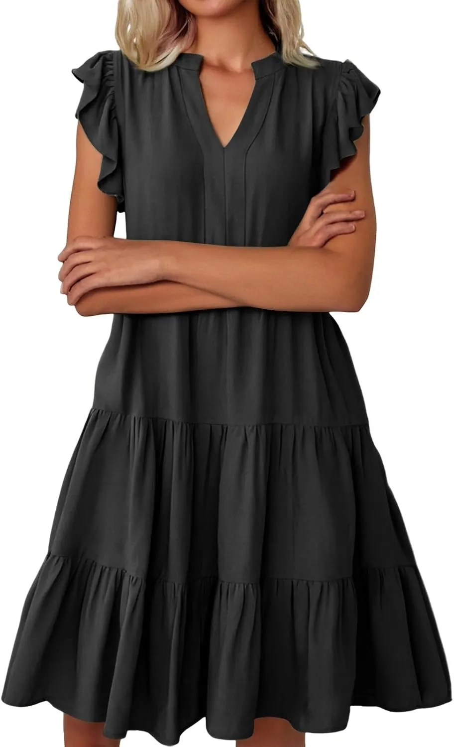 Womens Ruffle Sleeve Midi Dresses Summer Casual Fit V Neck Dress Flowy Tiered Beach Vacation Sundress