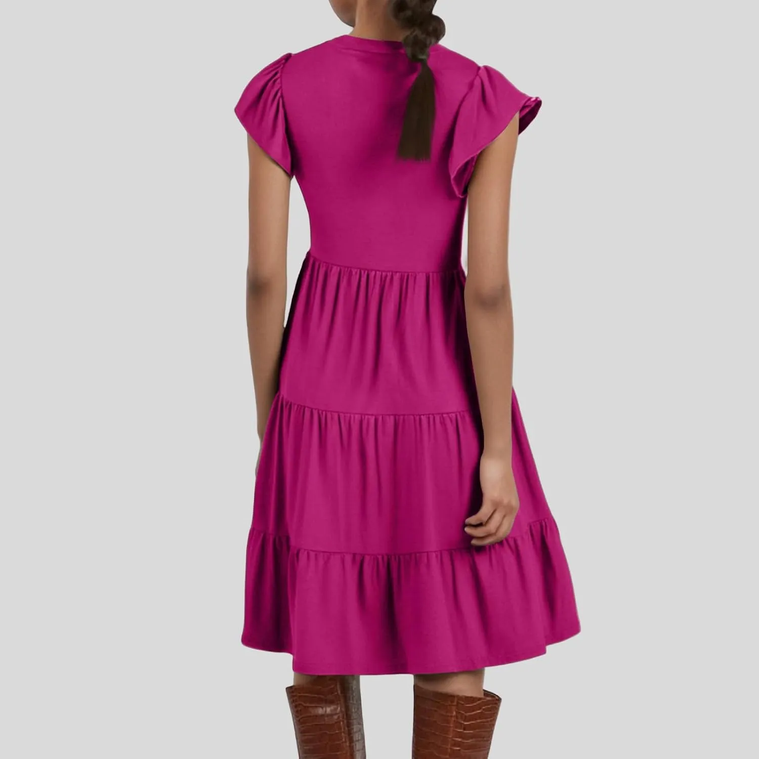 Womens Ruffle Sleeve Midi Dresses Summer Casual Fit V Neck Dress Flowy Tiered Beach Vacation Sundress