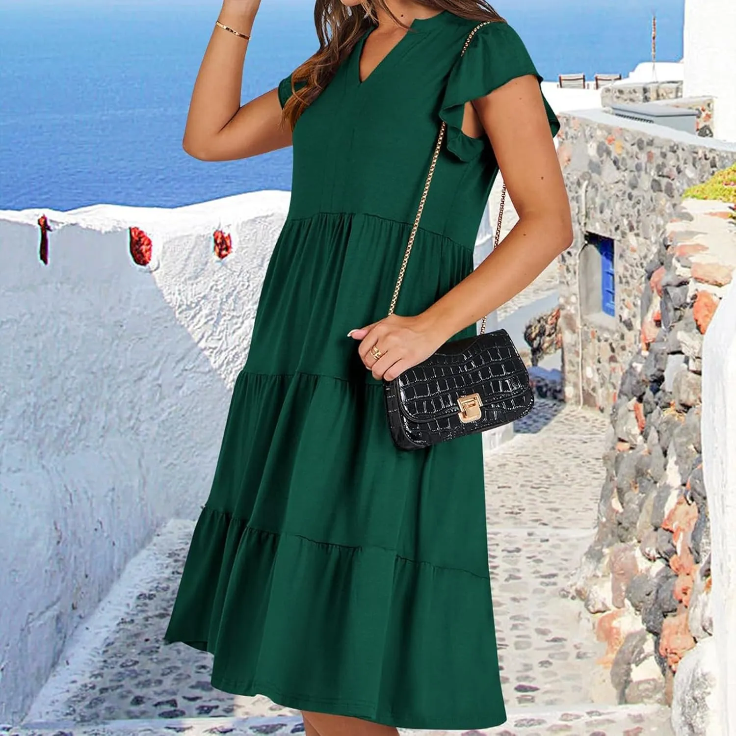 Womens Ruffle Sleeve Midi Dresses Summer Casual Fit V Neck Dress Flowy Tiered Beach Vacation Sundress