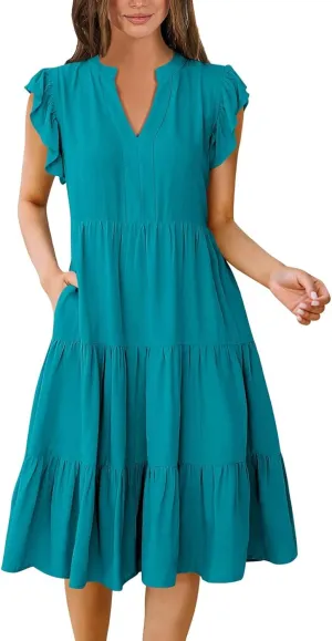 Womens Ruffle Sleeve Midi Dresses Summer Casual Fit V Neck Dress Flowy Tiered Beach Vacation Sundress