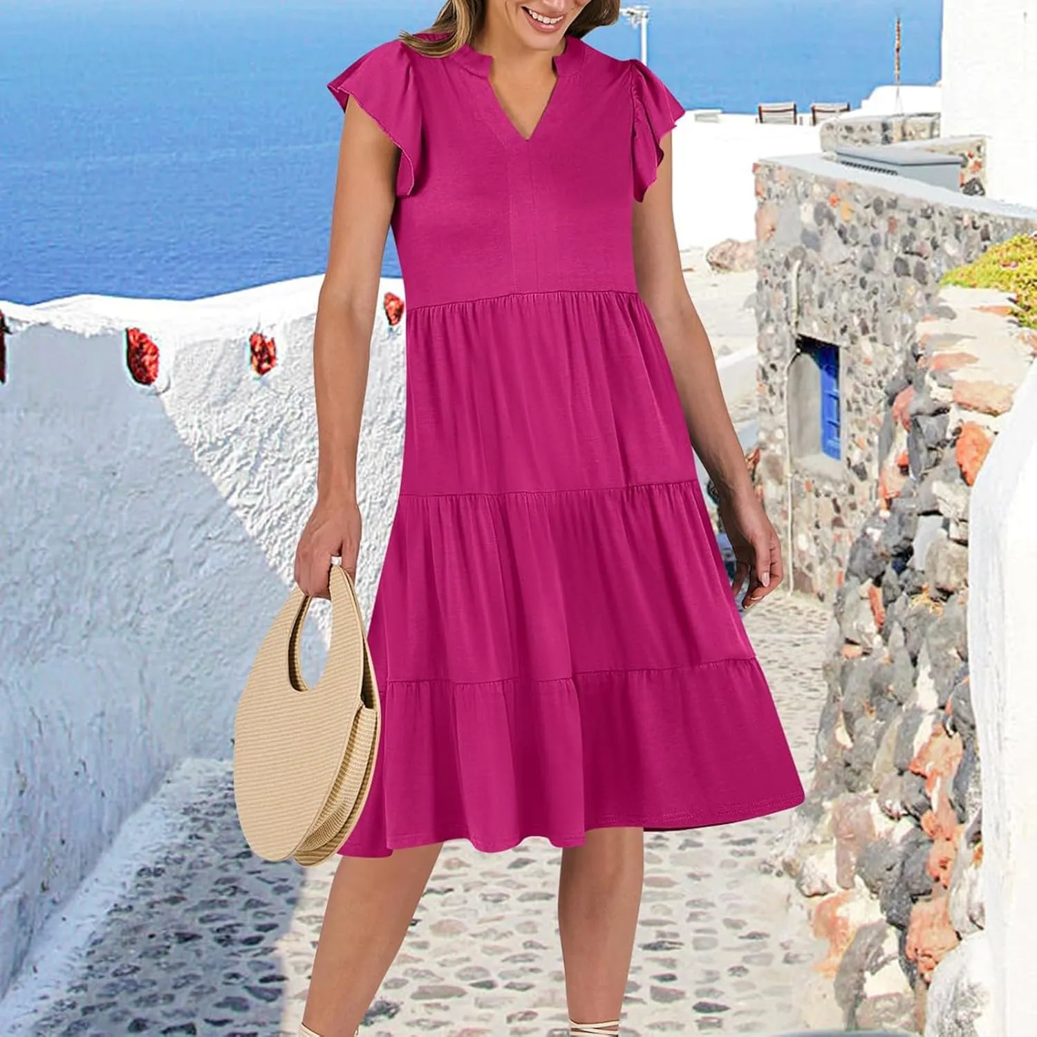 Womens Ruffle Sleeve Midi Dresses Summer Casual Fit V Neck Dress Flowy Tiered Beach Vacation Sundress