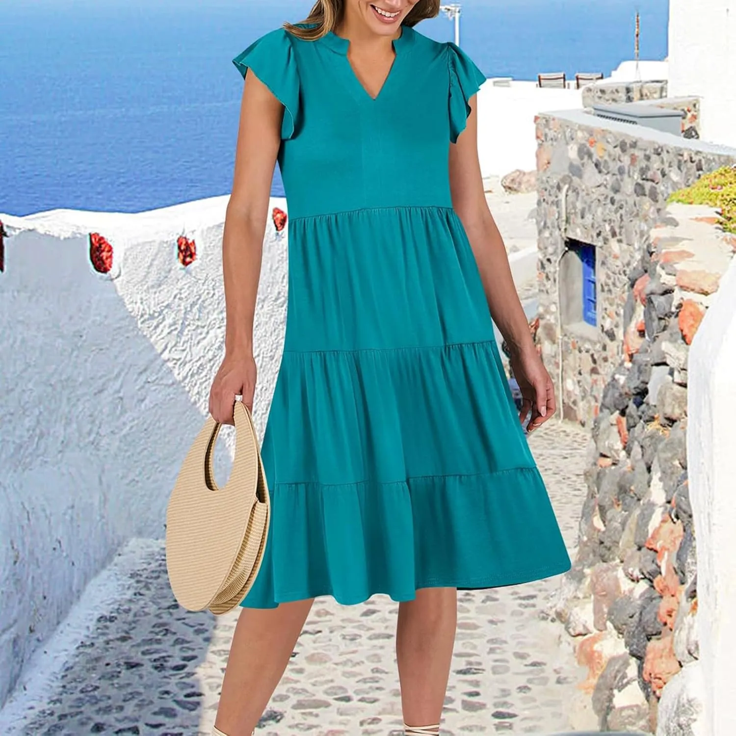 Womens Ruffle Sleeve Midi Dresses Summer Casual Fit V Neck Dress Flowy Tiered Beach Vacation Sundress