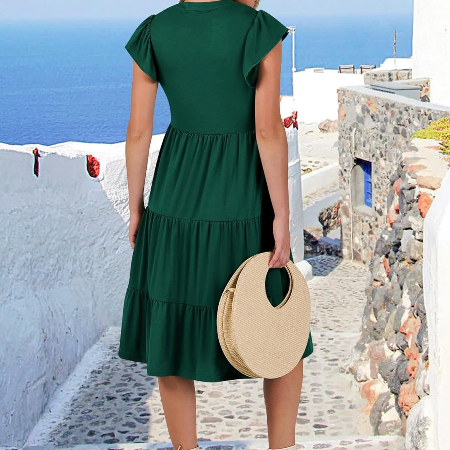 Womens Ruffle Sleeve Midi Dresses Summer Casual Fit V Neck Dress Flowy Tiered Beach Vacation Sundress