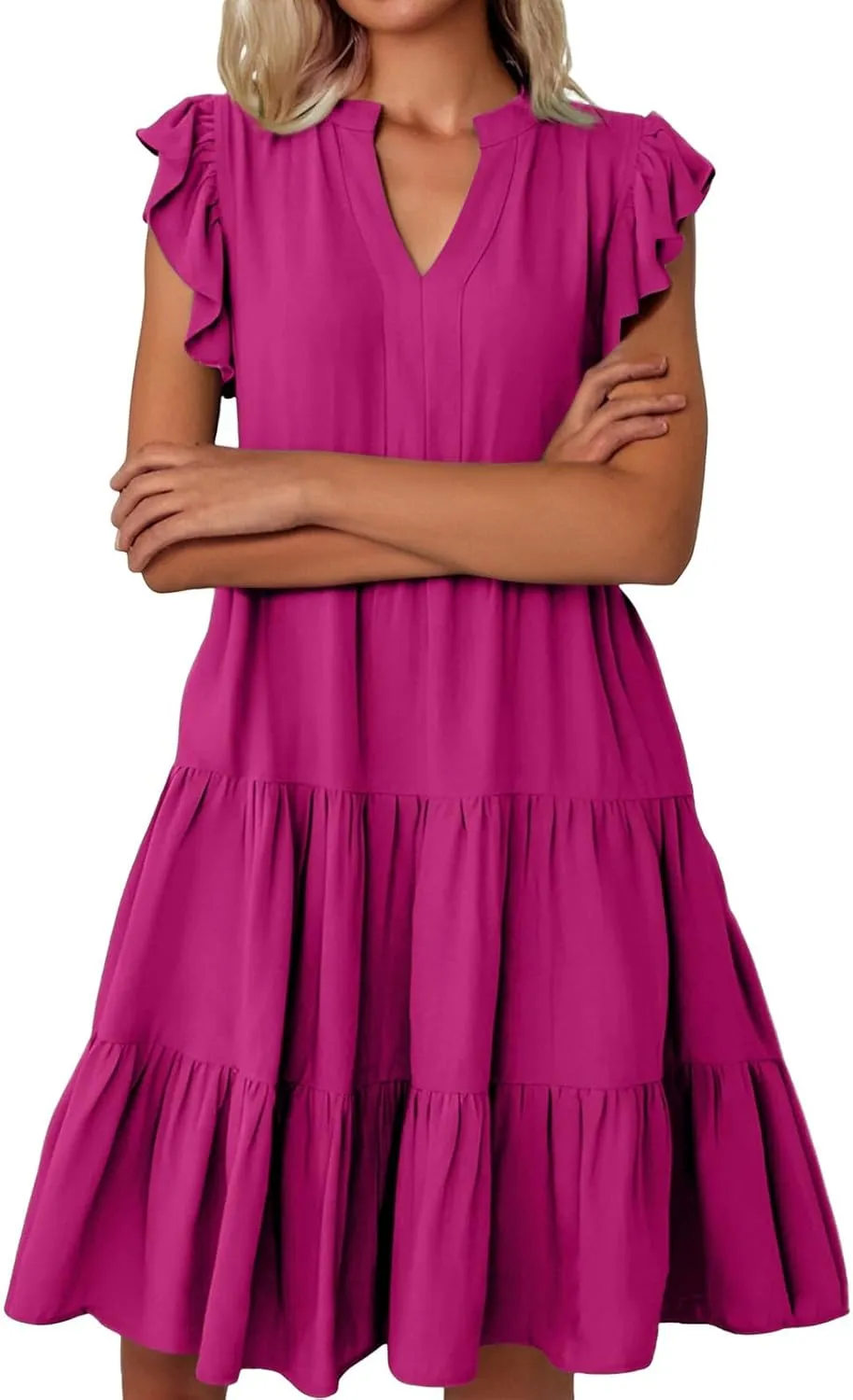 Womens Ruffle Sleeve Midi Dresses Summer Casual Fit V Neck Dress Flowy Tiered Beach Vacation Sundress