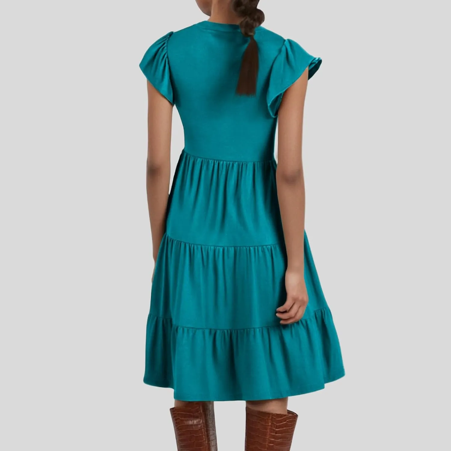 Womens Ruffle Sleeve Midi Dresses Summer Casual Fit V Neck Dress Flowy Tiered Beach Vacation Sundress
