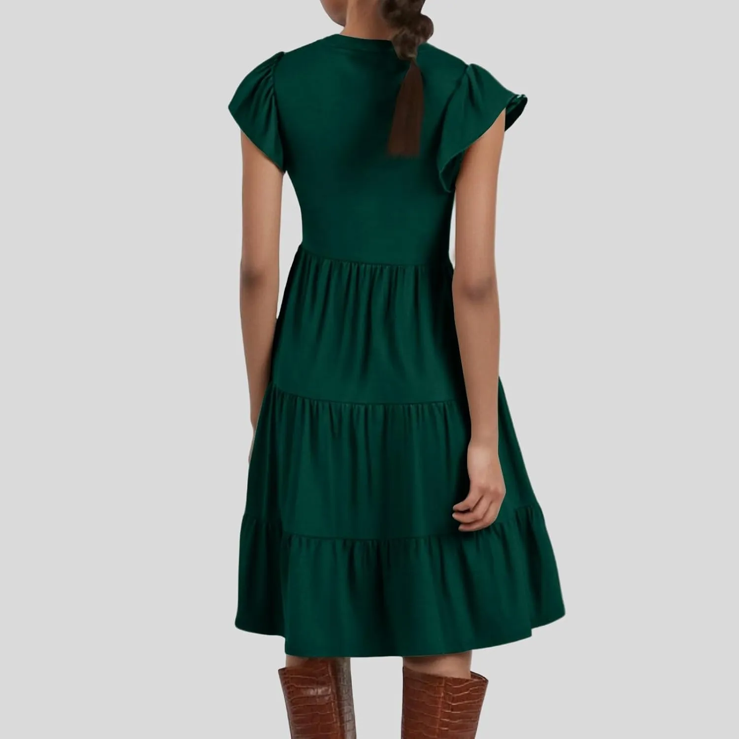 Womens Ruffle Sleeve Midi Dresses Summer Casual Fit V Neck Dress Flowy Tiered Beach Vacation Sundress