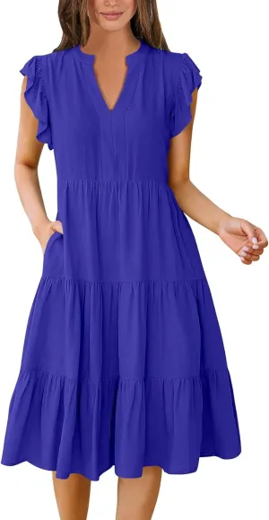 Womens Ruffle Sleeve Midi Dresses Summer Casual Fit V Neck Dress Flowy Tiered Beach Vacation Sundress