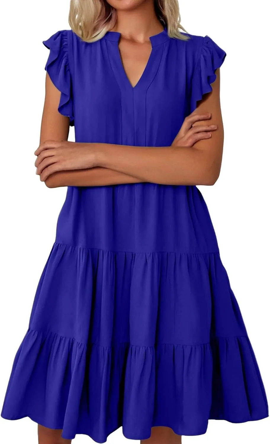 Womens Ruffle Sleeve Midi Dresses Summer Casual Fit V Neck Dress Flowy Tiered Beach Vacation Sundress