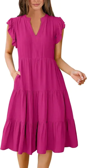 Womens Ruffle Sleeve Midi Dresses Summer Casual Fit V Neck Dress Flowy Tiered Beach Vacation Sundress