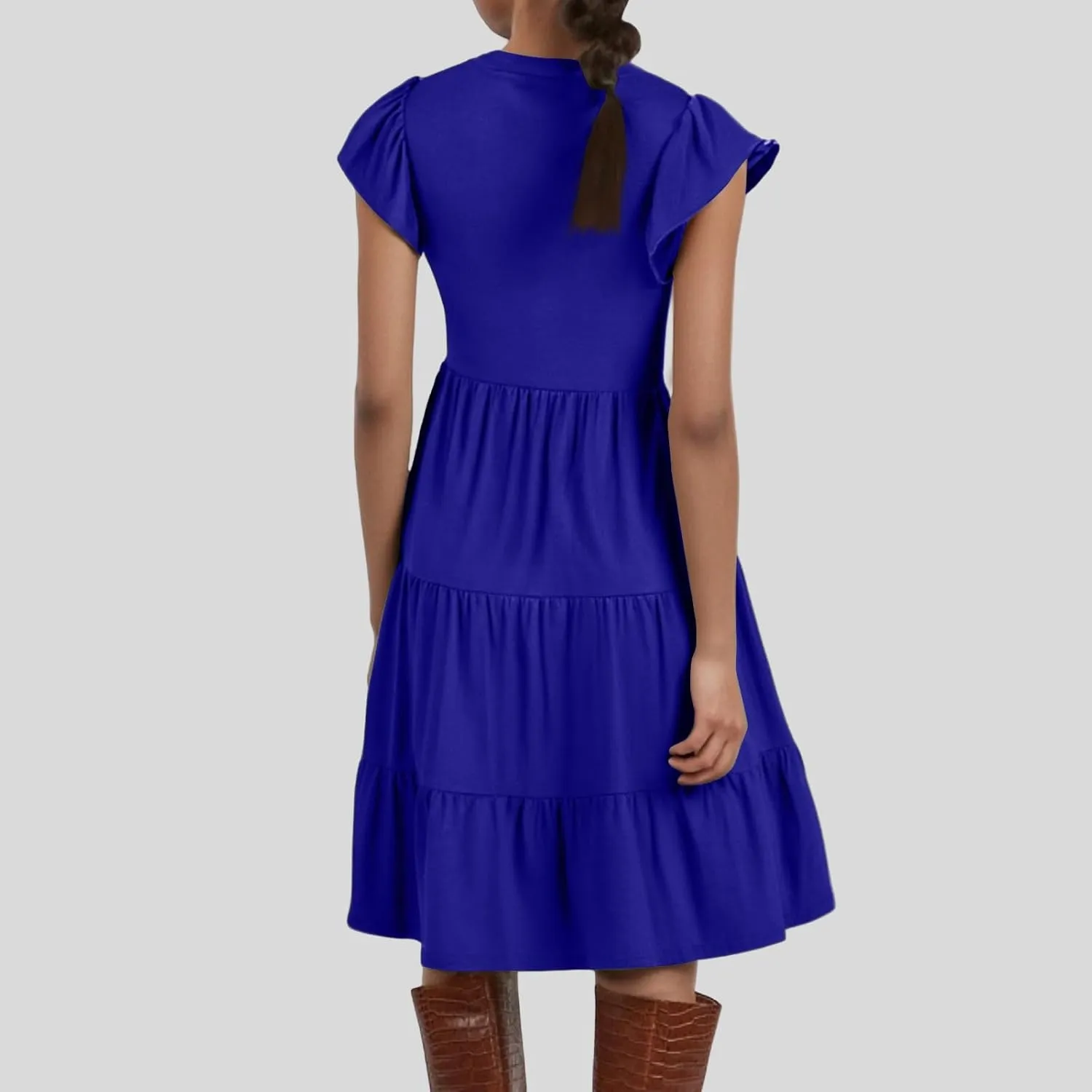 Womens Ruffle Sleeve Midi Dresses Summer Casual Fit V Neck Dress Flowy Tiered Beach Vacation Sundress