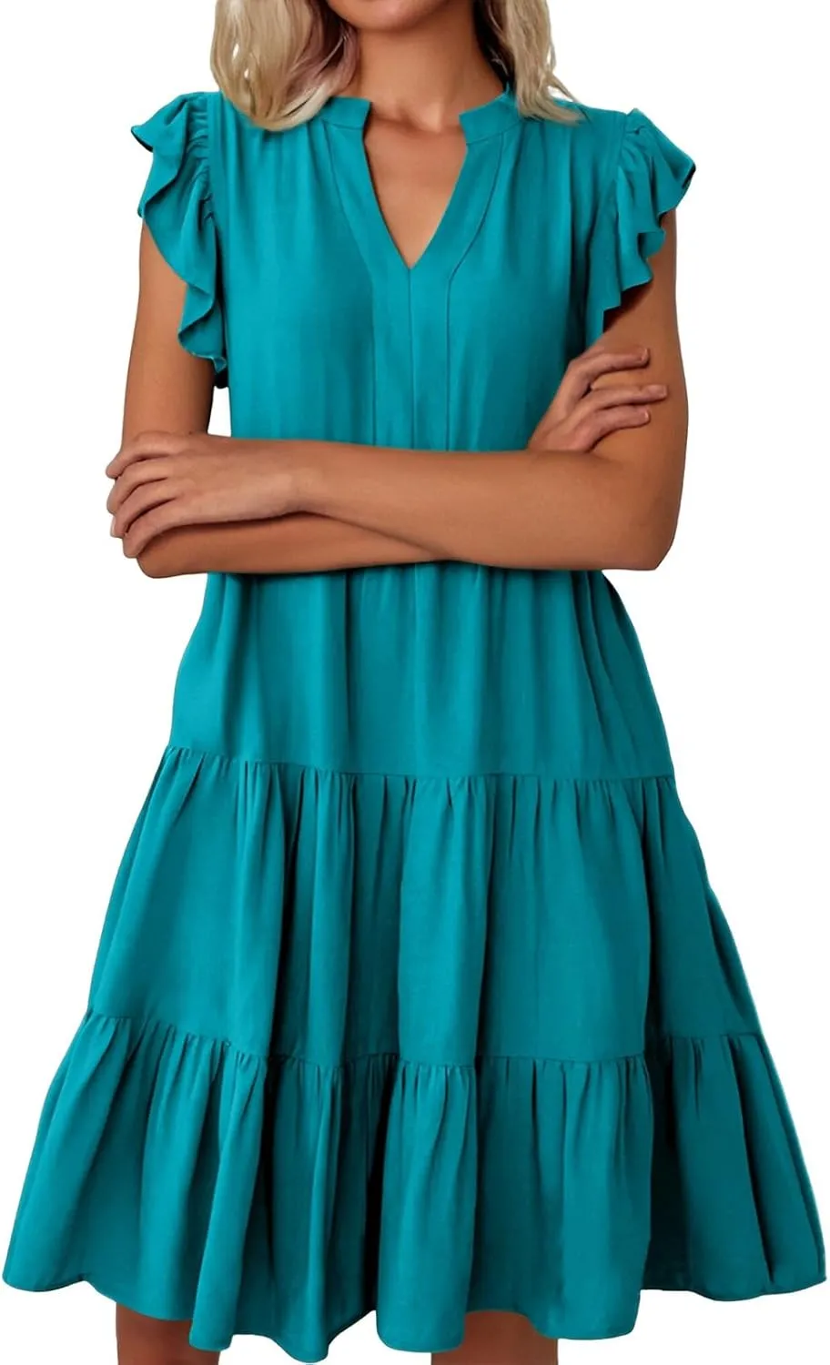 Womens Ruffle Sleeve Midi Dresses Summer Casual Fit V Neck Dress Flowy Tiered Beach Vacation Sundress