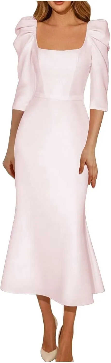 Women's Satin Tea Length Wedding Dress for Bride 3/4 Sleeves Sheath Square Collar Bridal Evening Party Dress