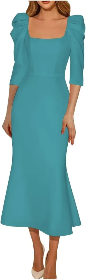 Women's Satin Tea Length Wedding Dress for Bride 3/4 Sleeves Sheath Square Collar Bridal Evening Party Dress