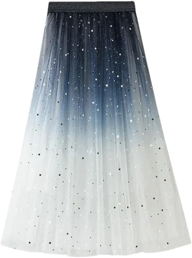 Women's Sequin Gradient Multi-Layered Mesh Tulle Skirt Stretch High Waist Pleated Midi Skirts