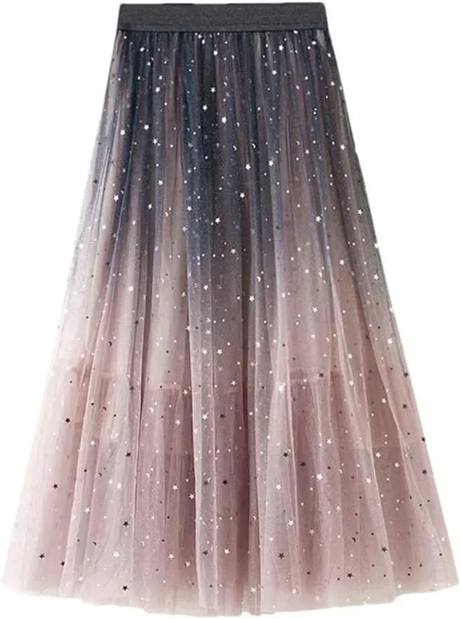 Women's Sequin Gradient Multi-Layered Mesh Tulle Skirt Stretch High Waist Pleated Midi Skirts