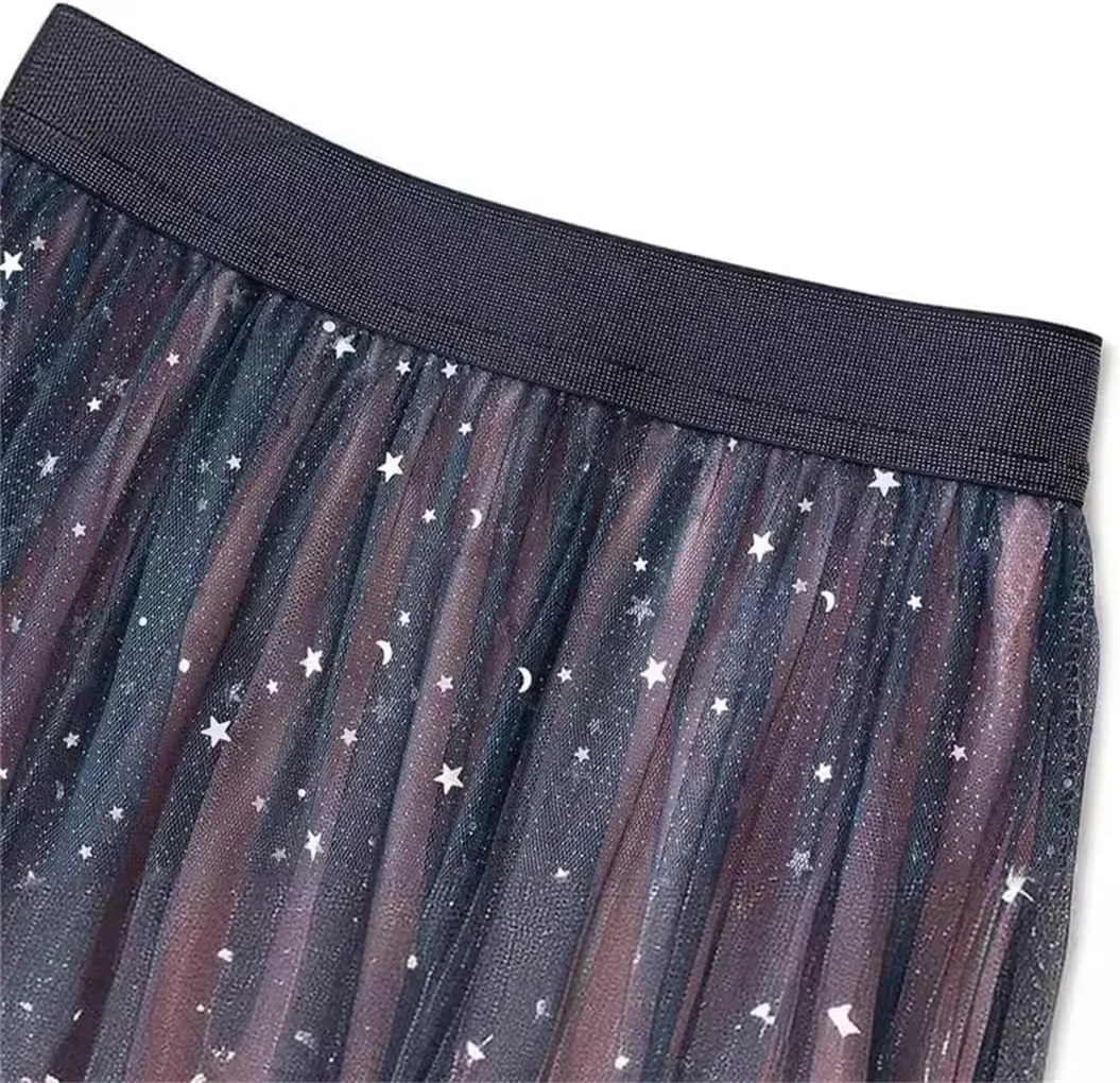 Women's Sequin Gradient Multi-Layered Mesh Tulle Skirt Stretch High Waist Pleated Midi Skirts