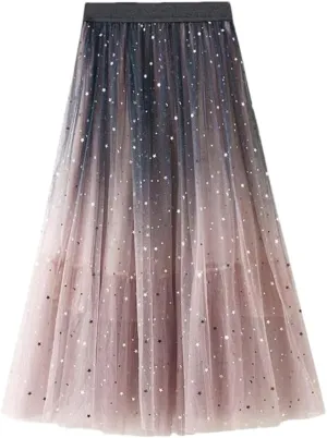 Women's Sequin Gradient Multi-Layered Mesh Tulle Skirt Stretch High Waist Pleated Midi Skirts