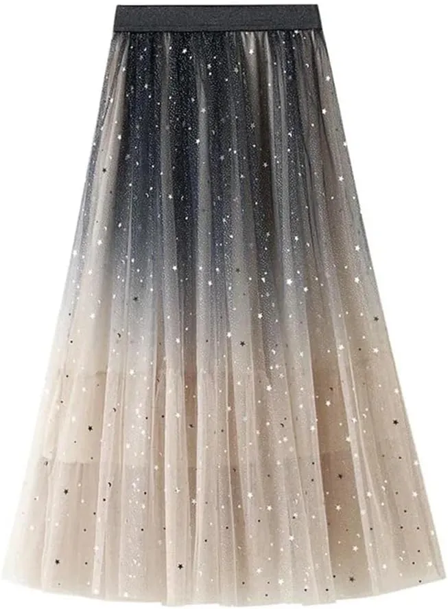 Women's Sequin Gradient Multi-Layered Mesh Tulle Skirt Stretch High Waist Pleated Midi Skirts