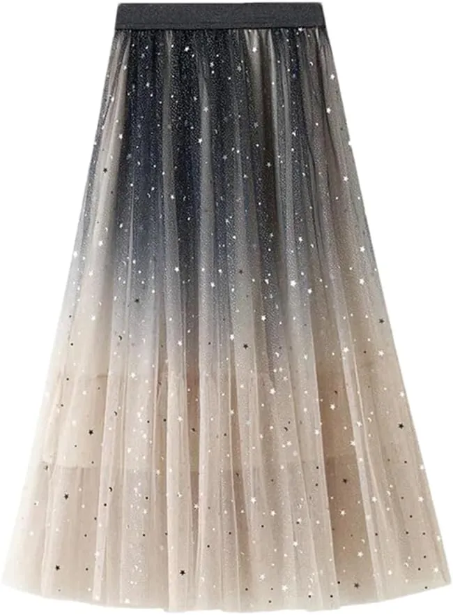 Women's Sequin Gradient Multi-Layered Mesh Tulle Skirt Stretch High Waist Pleated Midi Skirts