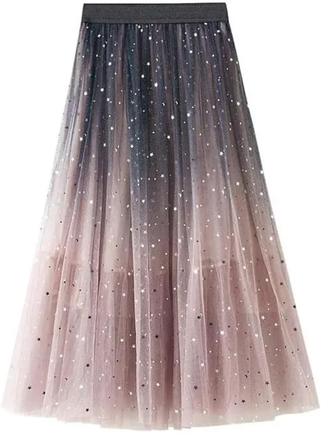 Women's Sequin Gradient Multi-Layered Mesh Tulle Skirt Stretch High Waist Pleated Midi Skirts