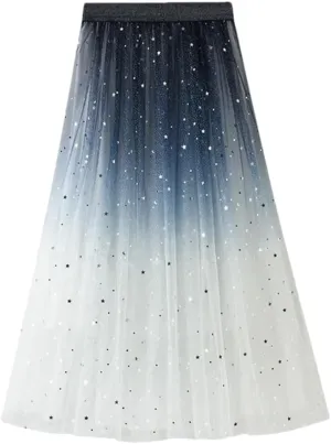 Women's Sequin Gradient Multi-Layered Mesh Tulle Skirt Stretch High Waist Pleated Midi Skirts