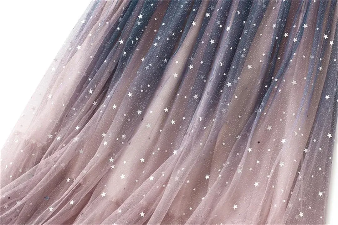 Women's Sequin Gradient Multi-Layered Mesh Tulle Skirt Stretch High Waist Pleated Midi Skirts