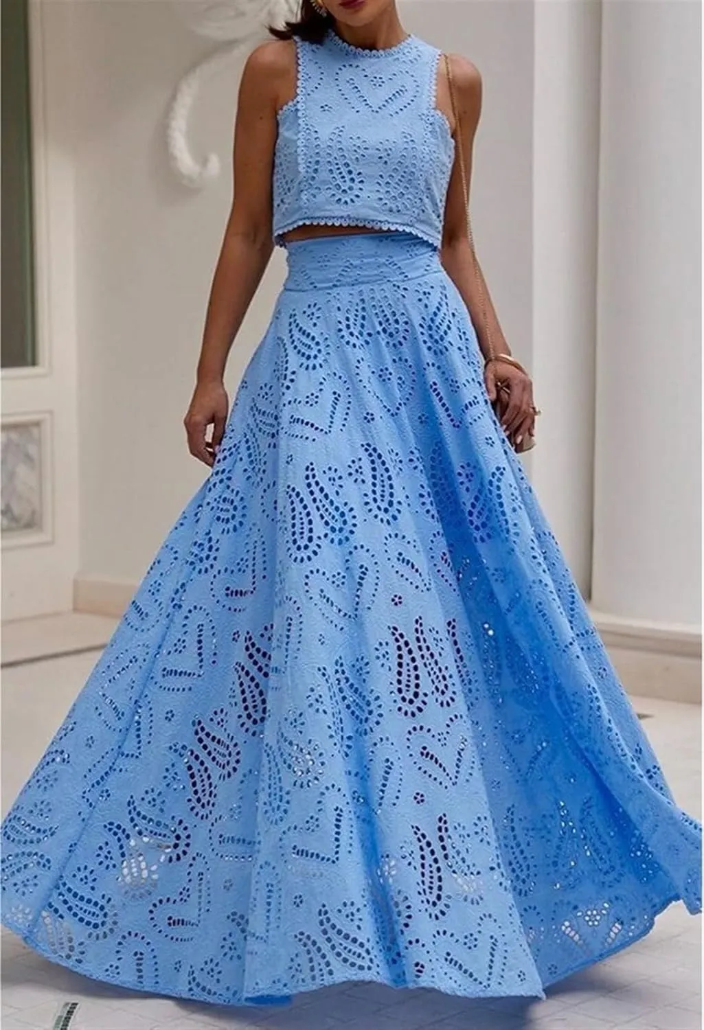 Women's Sexy 2 Piece Eyelet Dress - Lace Embroidery Sleeveless Tight Skirt Party Club Wear Casual Vacation Set