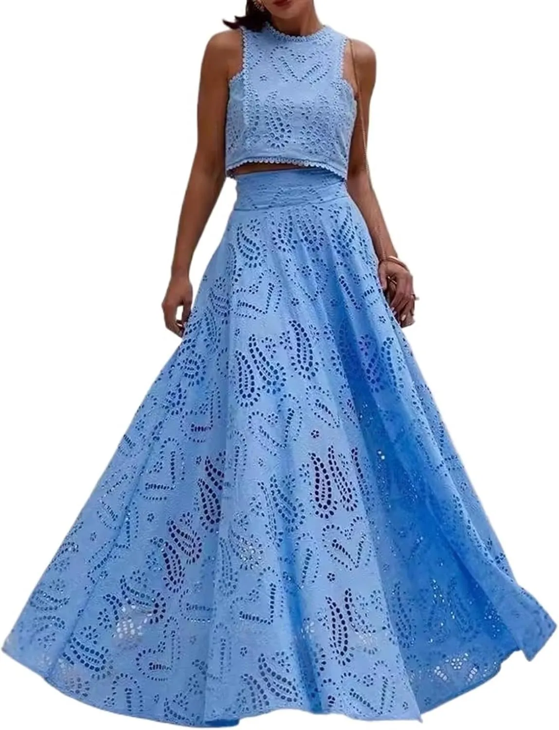 Women's Sexy 2 Piece Eyelet Dress - Lace Embroidery Sleeveless Tight Skirt Party Club Wear Casual Vacation Set