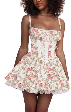Women's Short Corset Sundress Boho Mini Dress Sleeveless Backless Low Cut Lace Dress Summer