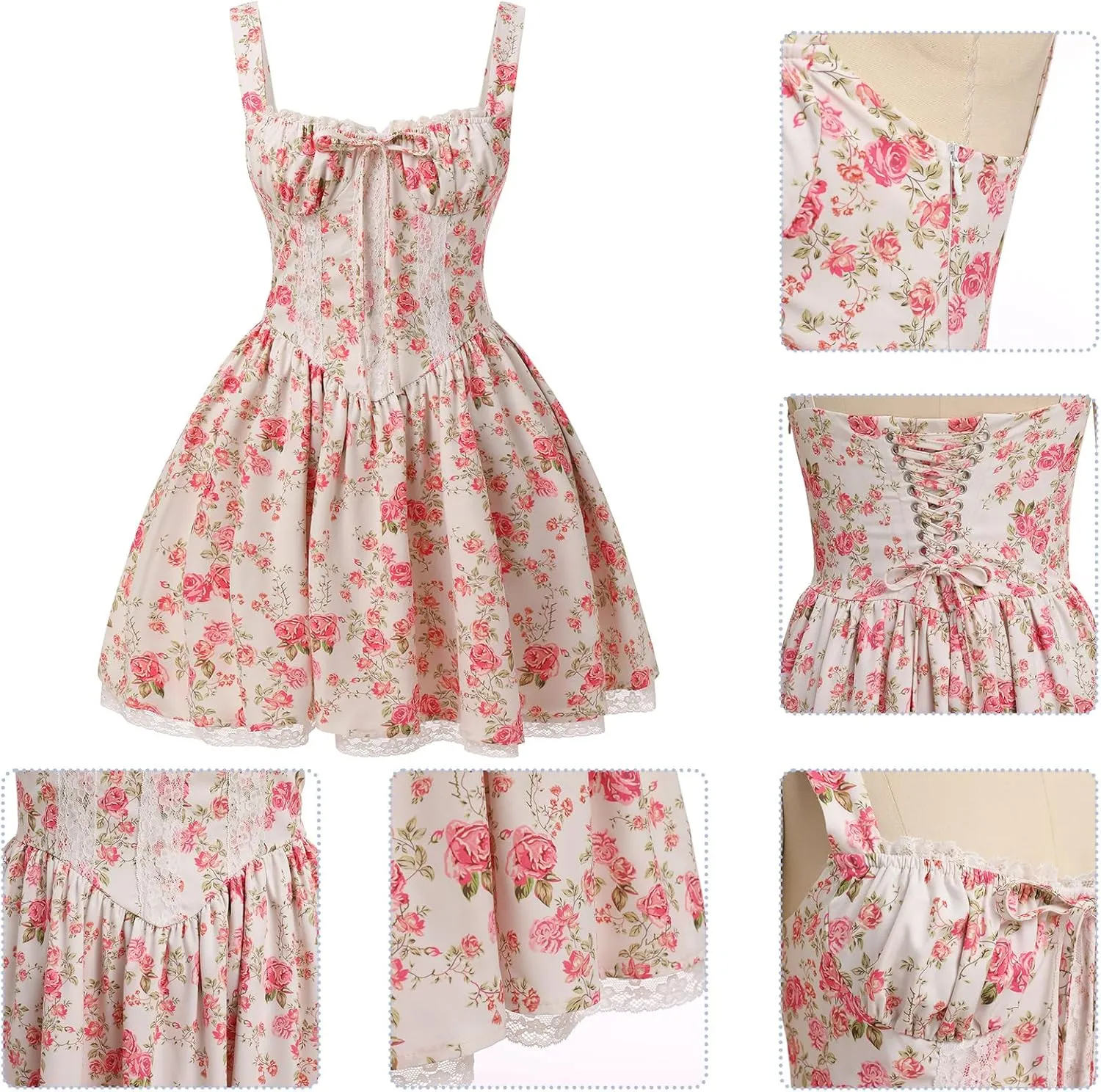 Women's Short Corset Sundress Boho Mini Dress Sleeveless Backless Low Cut Lace Dress Summer