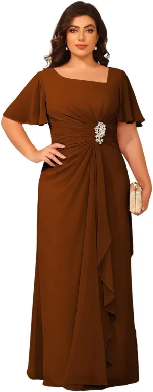 Women's Short Sleeves Mother of The Bride Dresses Chiffon for Wedding Long Square Neck Formal Party Evening Dress RO284