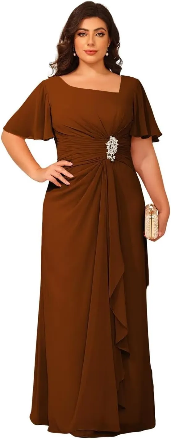Women's Short Sleeves Mother of The Bride Dresses Chiffon for Wedding Long Square Neck Formal Party Evening Dress RO284