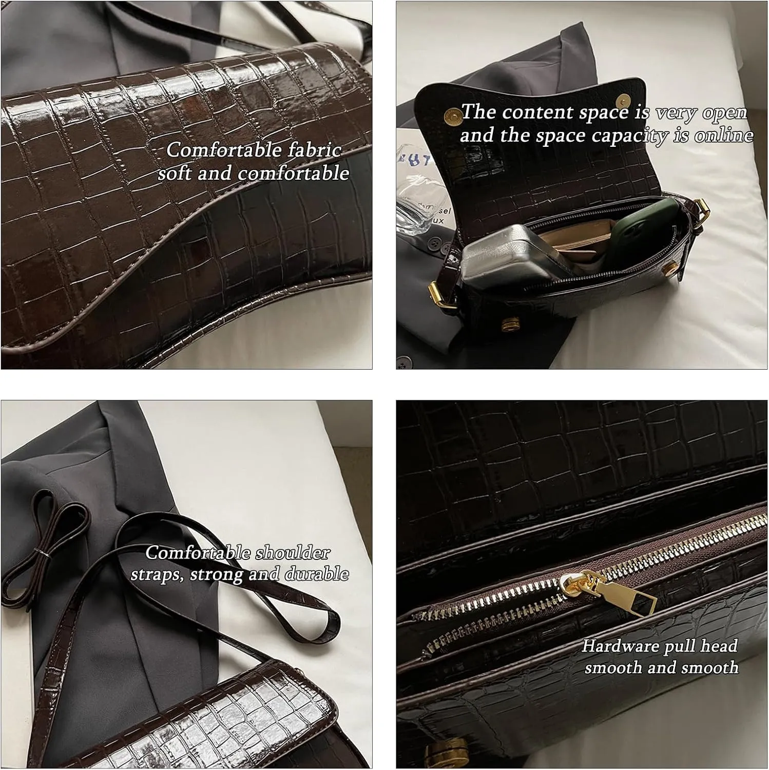 Women's Small Crescent Tote Bag Vegan Leather Clutch Fashion Shoulder Bag with Zipper Closure