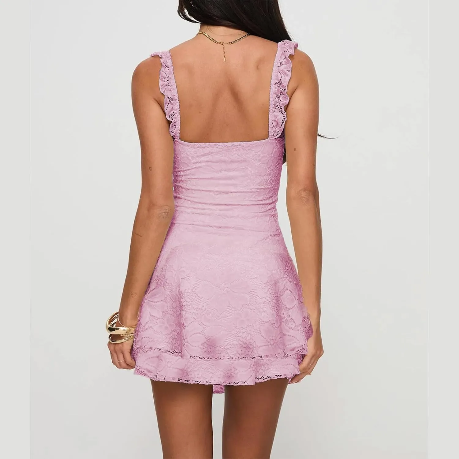 Women's Summer Bodycon Dress Fly Sleeve Sweetheart-Neck Dot Chiffon Tiered Ruffle Hem Mini Dress Streetwear