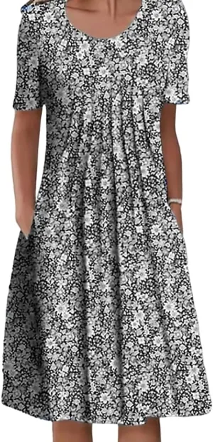 Women's Summer Boho Floral Print Sundress with Pockets 2024 Spring Casual Short Sleeve Crewneck Plus Size Beach Dress