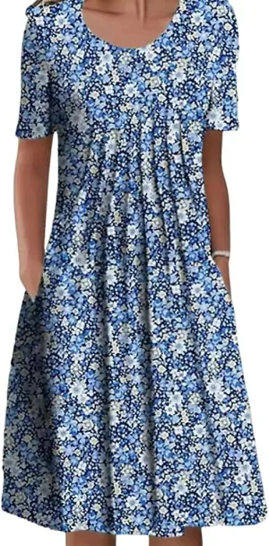 Women's Summer Boho Floral Print Sundress with Pockets 2024 Spring Casual Short Sleeve Crewneck Plus Size Beach Dress